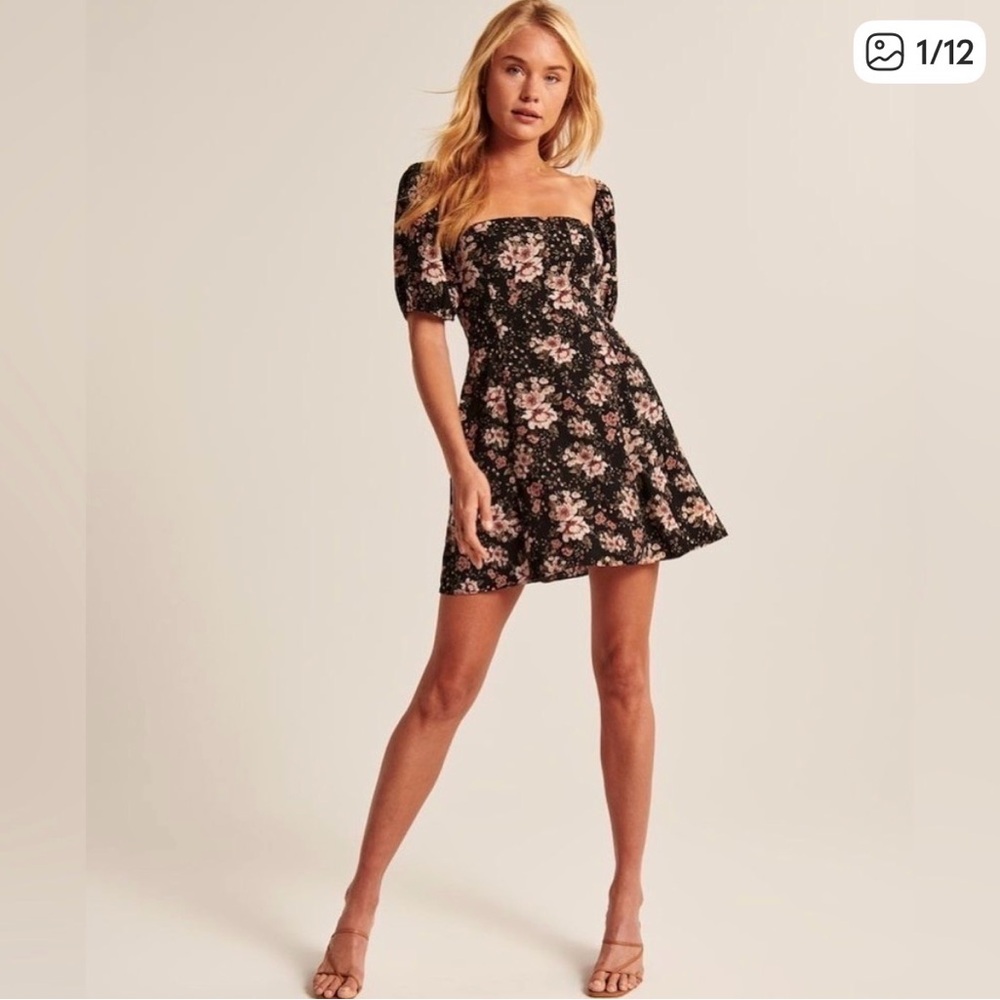 ABERCROMBIE & FITCH Floral Corset Seamed A Line Puff Sleeve Mini Dress Sz Small